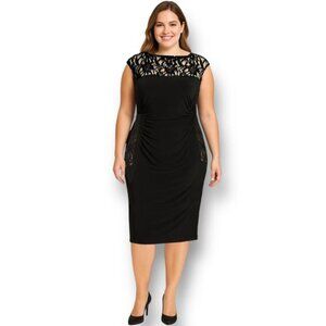 Lauren Ralph Lauren 14 Black Tan Lace Sequin Midi Dress Cocktail Party Formal